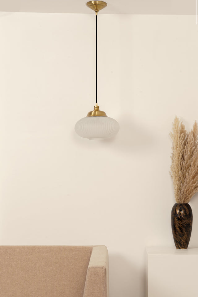 Divine Trends Pendant Hanging Glass Lamps Melon Ribbed Frost Shade with Antique Brass Finish- Pack of 1