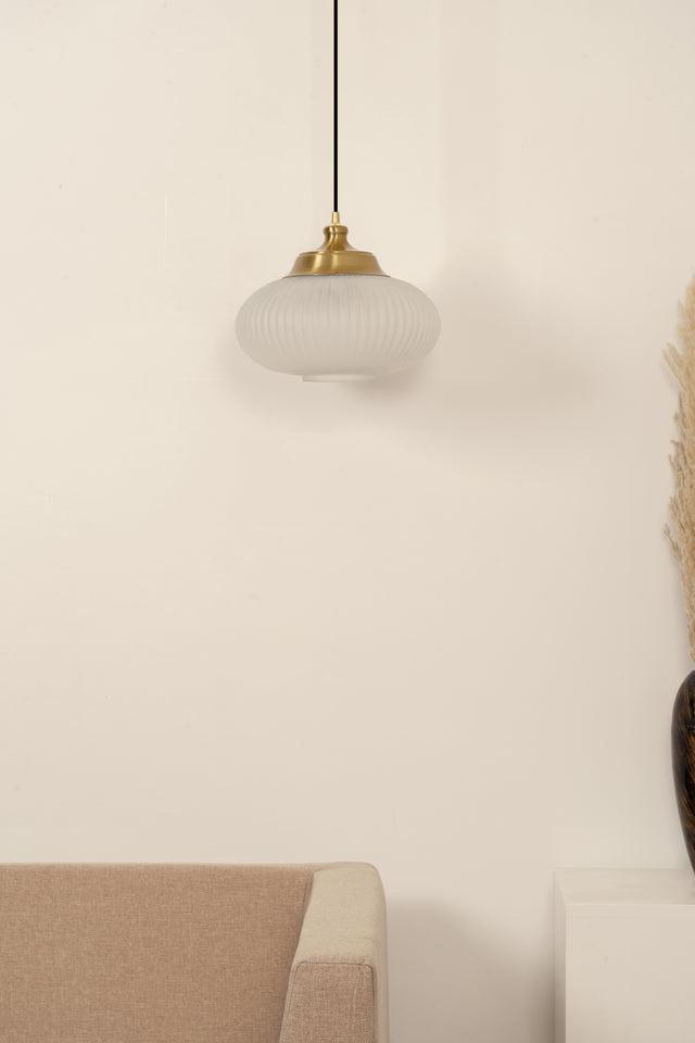 Divine Trends Pendant Hanging Glass Lamps Melon Ribbed Frost Shade with Antique Brass Finish- Pack of 1