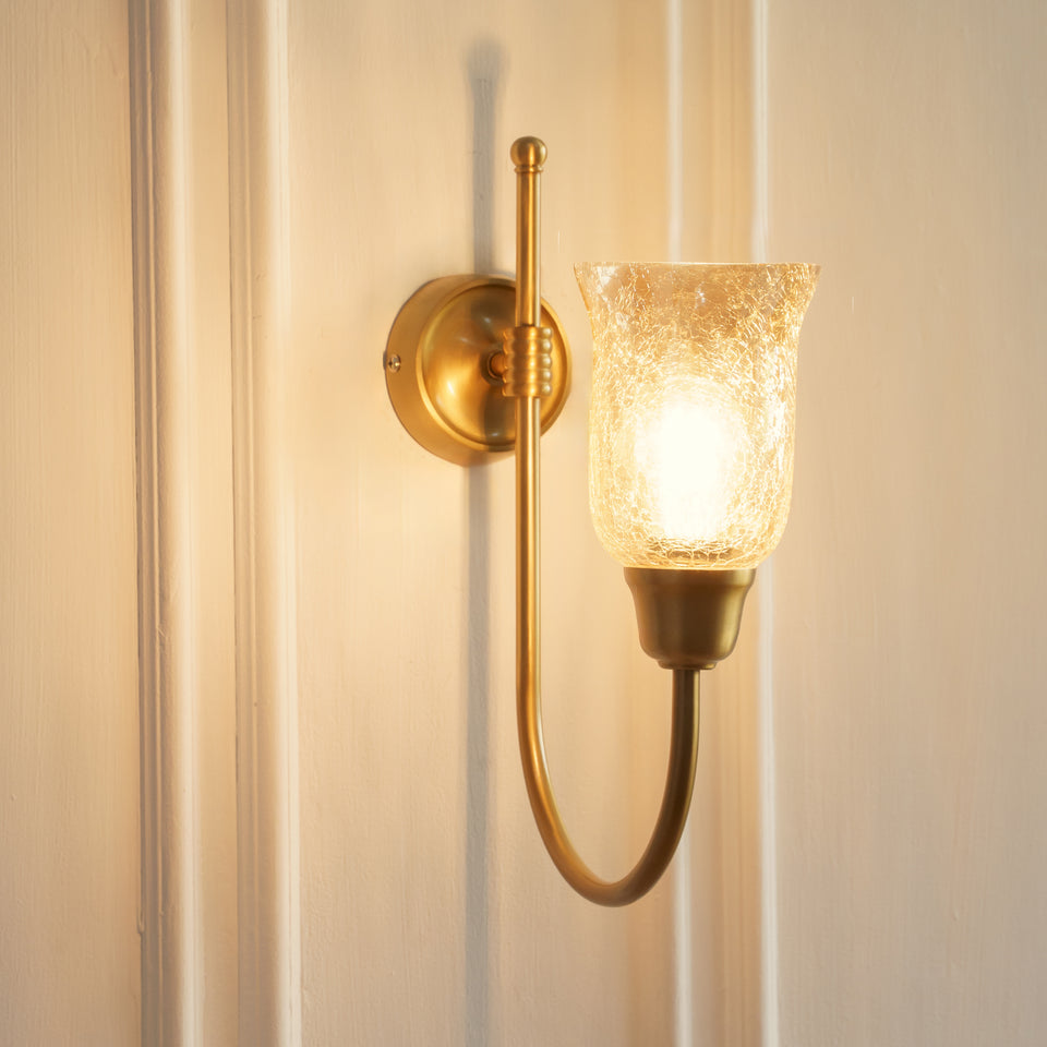 Divine Trends Brass Antique Finish Hockey Wall Lamp with Chimney Crackled Glass Shade- Reversable Design