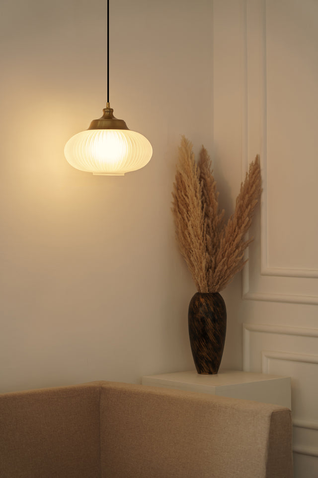 Divine Trends Pendant Hanging Glass Lamps Melon Ribbed Frost Shade with Antique Brass Finish- Pack of 1