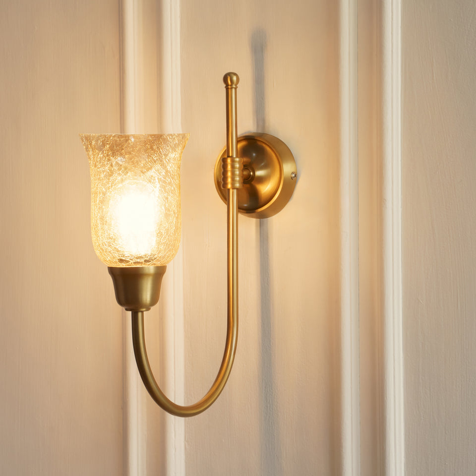 Divine Trends Brass Antique Finish Hockey Wall Lamp with Chimney Crackled Glass Shade- Reversable Design