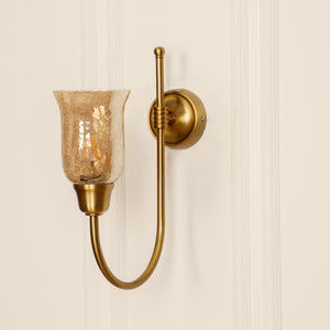 Divine Trends Brass Antique Finish Hockey Wall Lamp with Chimney Crackled Glass Shade- Reversable Design