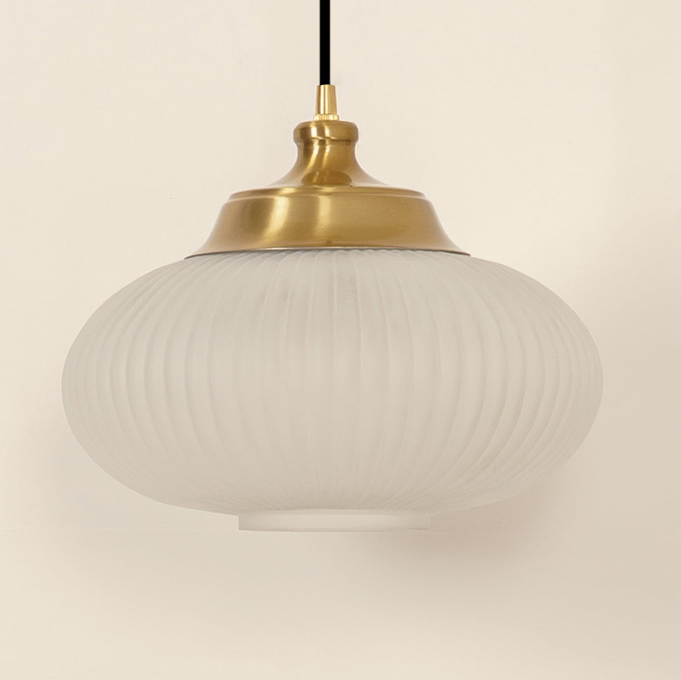 Divine Trends Pendant Hanging Glass Lamps Melon Ribbed Frost Shade with Antique Brass Finish- Pack of 1
