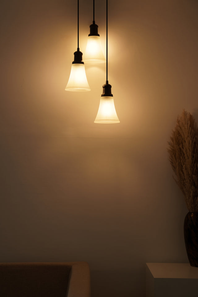 Divine Trends Black Finish Triple Pendant Hanging Glass Lamp with Frosted Hammered Glass Shade