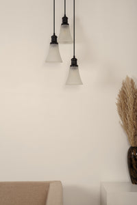 Divine Trends Black Finish Triple Pendant Hanging Glass Lamp with Frosted Hammered Glass Shade