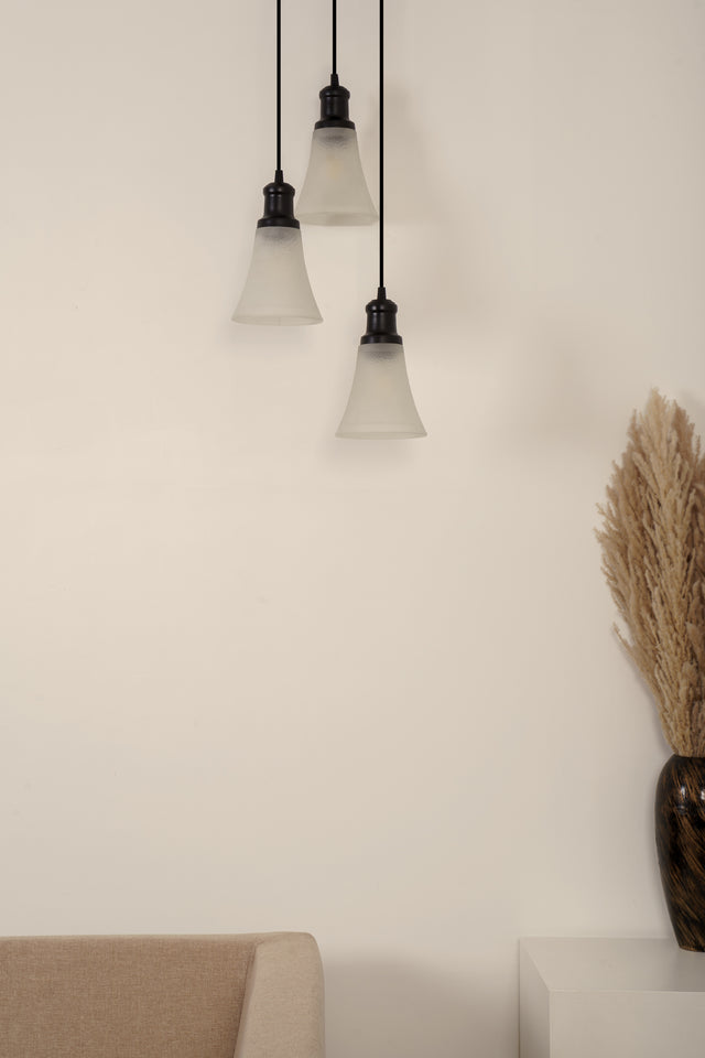 Divine Trends Black Finish Triple Pendant Hanging Glass Lamp with Frosted Hammered Glass Shade