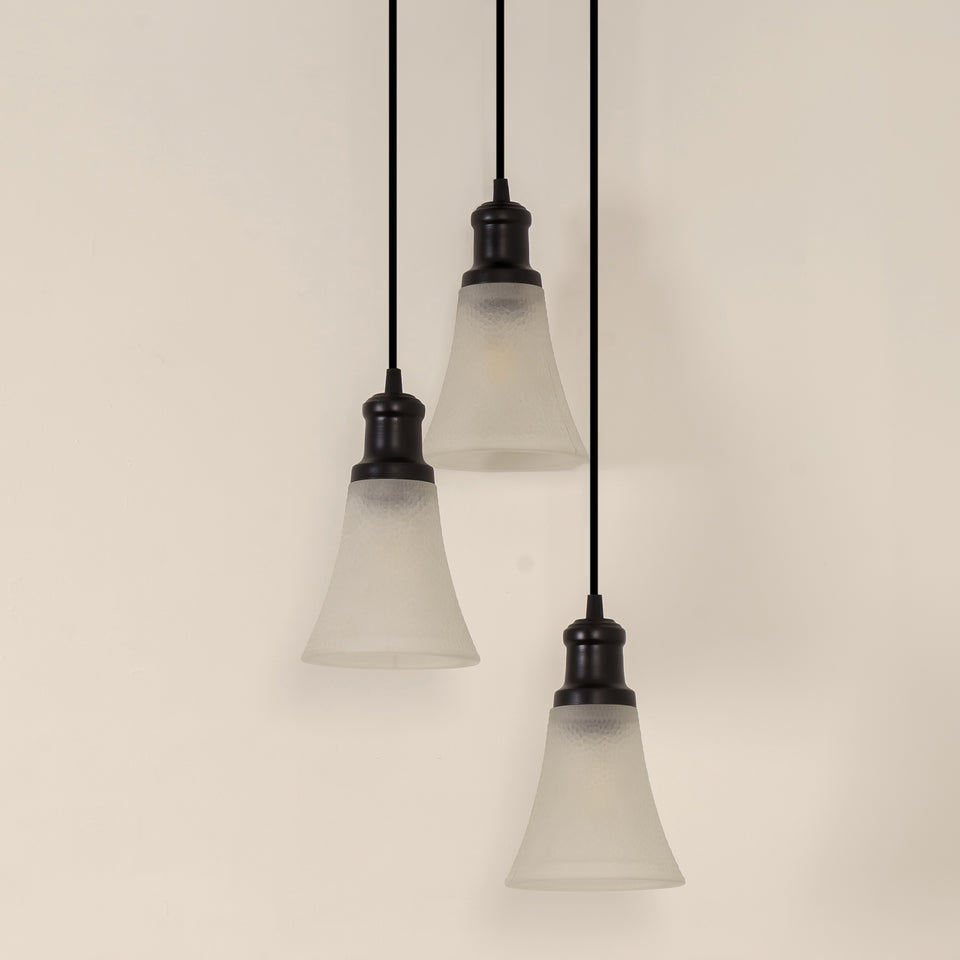 Divine Trends Black Finish Triple Pendant Hanging Glass Lamp with Frosted Hammered Glass Shade