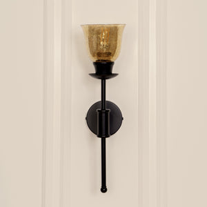 Divine Trends Black Polished Spacer Wall Lamp with Cup Crackled Glass Golden Luster Shade