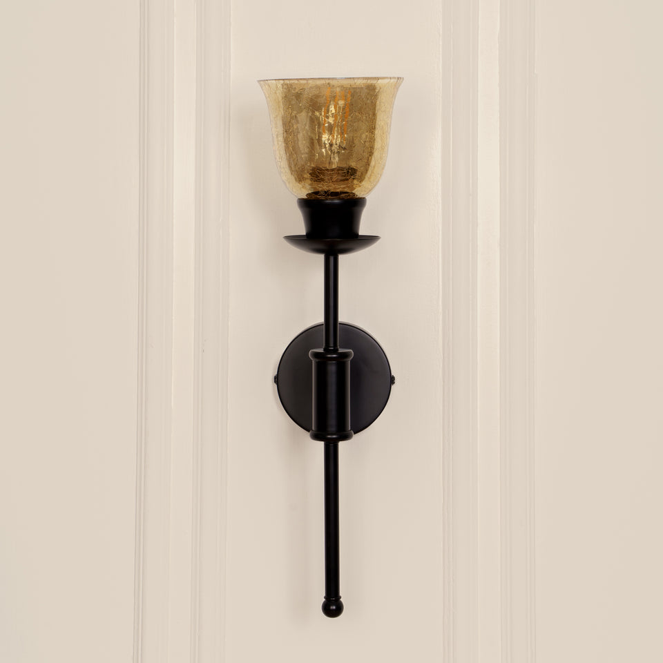 Divine Trends Black Polished Spacer Wall Lamp with Cup Crackled Glass Golden Luster Shade