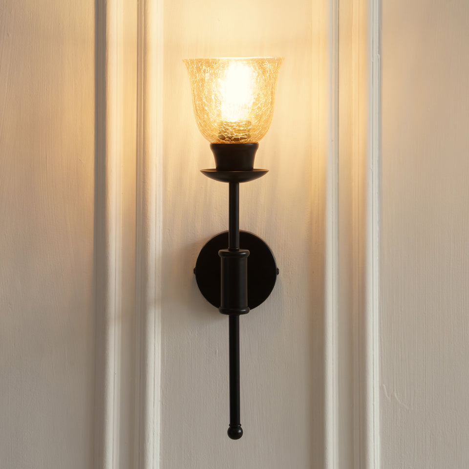 Divine Trends Black Polished Spacer Wall Lamp with Cup Crackled Glass Golden Luster Shade
