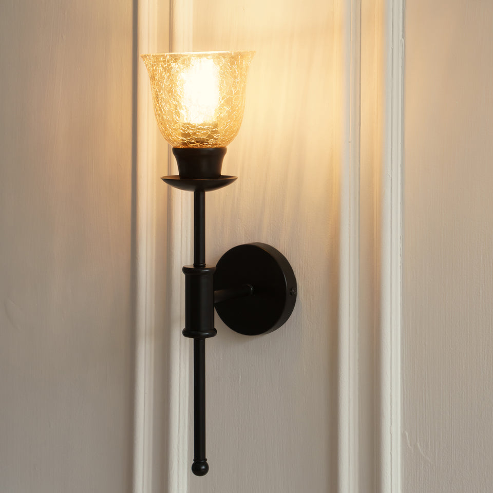 Divine Trends Black Polished Spacer Wall Lamp with Cup Crackled Glass Golden Luster Shade