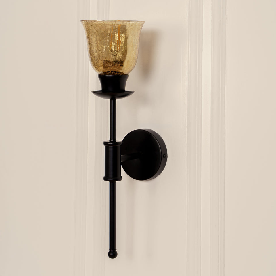 Divine Trends Black Polished Spacer Wall Lamp with Cup Crackled Glass Golden Luster Shade