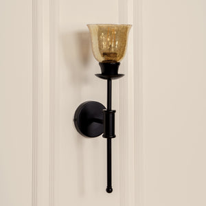 Divine Trends Black Polished Spacer Wall Lamp with Cup Crackled Glass Golden Luster Shade