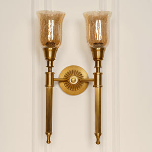 Divine Trends Brass Antique Finish Double Corrugated Wall Lamp with Chimney Crackled Glass Shades