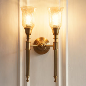 Divine Trends Brass Antique Finish Double Corrugated Wall Lamp with Chimney Crackled Glass Shades