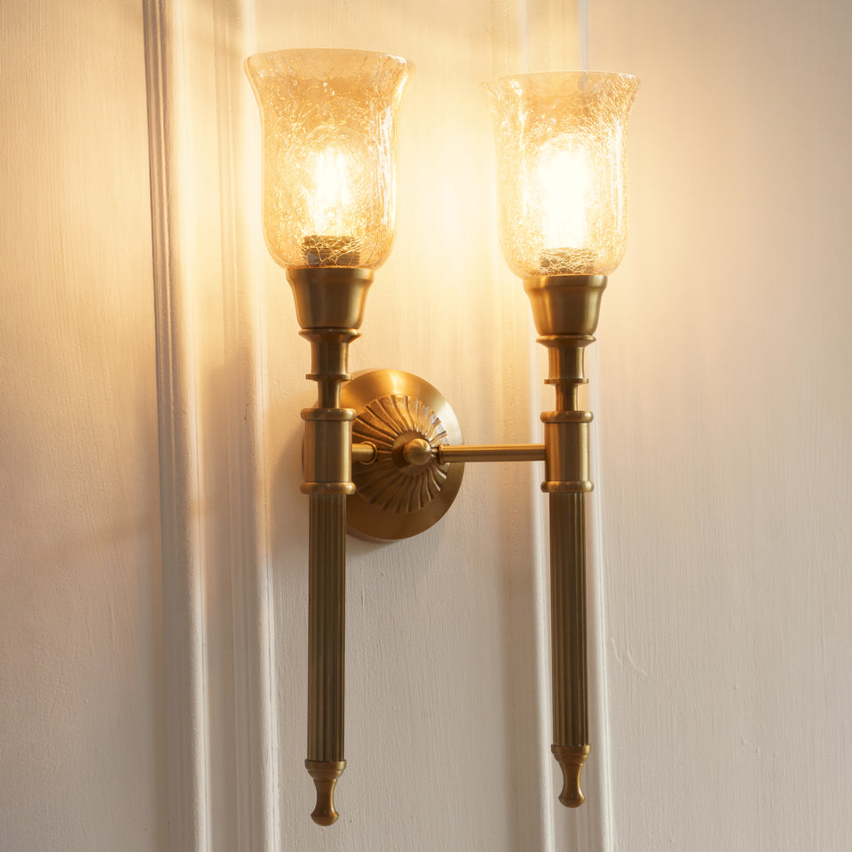 Divine Trends Brass Antique Finish Double Corrugated Wall Lamp with Chimney Crackled Glass Shades