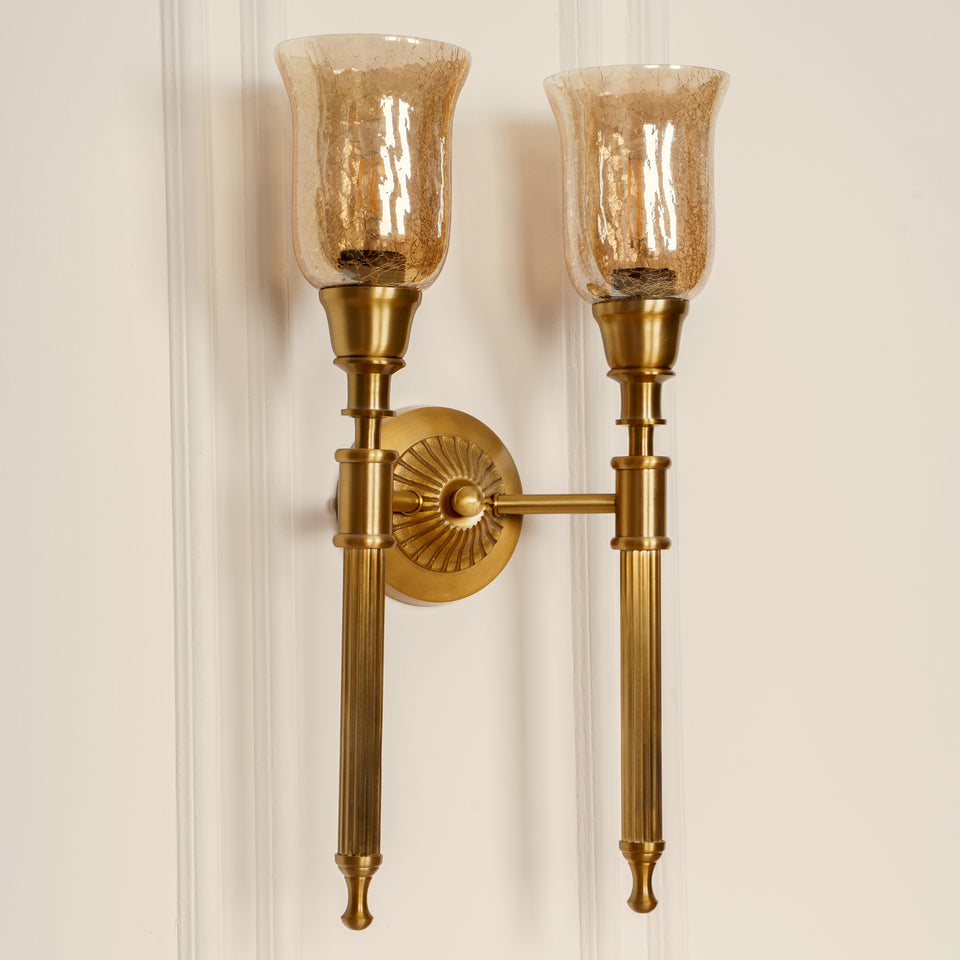 Divine Trends Brass Antique Finish Double Corrugated Wall Lamp with Chimney Crackled Glass Shades