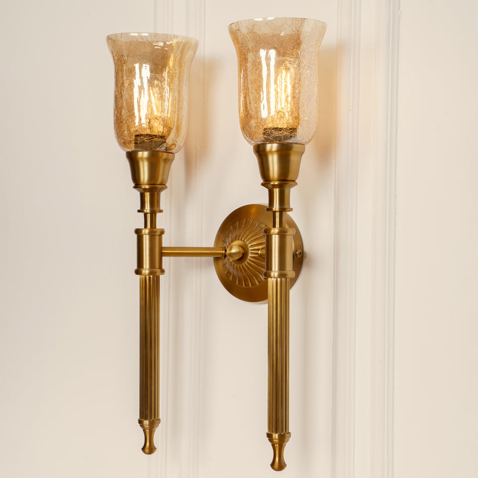 Divine Trends Brass Antique Finish Double Corrugated Wall Lamp with Chimney Crackled Glass Shades