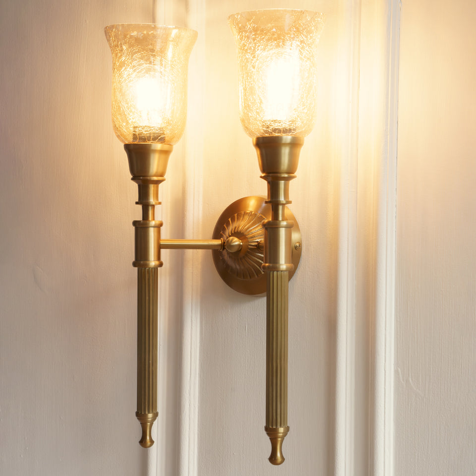 Divine Trends Brass Antique Finish Double Corrugated Wall Lamp with Chimney Crackled Glass Shades