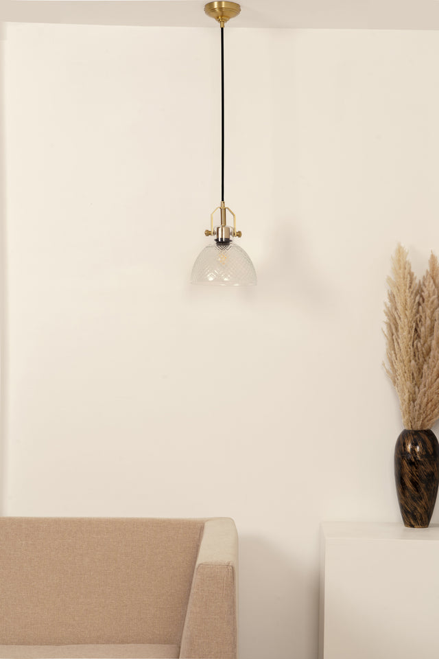 Divine Trends Diamond Cut Half Bowl Transparent Pendant Light with Antique Brass Finish- Pack of 1