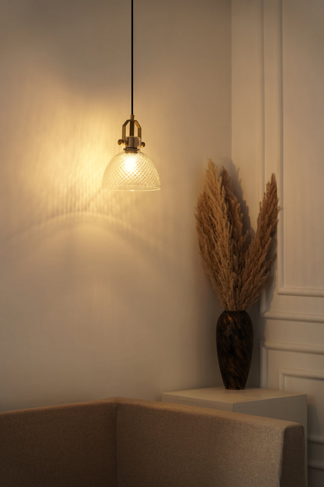 Divine Trends Diamond Cut Half Bowl Transparent Pendant Light with Antique Brass Finish- Pack of 1