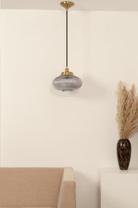 Divine Trends Pendant Hanging Glass Lamps Melon Ribbed Grey Luster with Antique Brass Finish- Pack of 1