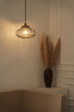 Divine Trends Pendant Hanging Glass Lamps Melon Ribbed Grey Luster with Antique Brass Finish- Pack of 1