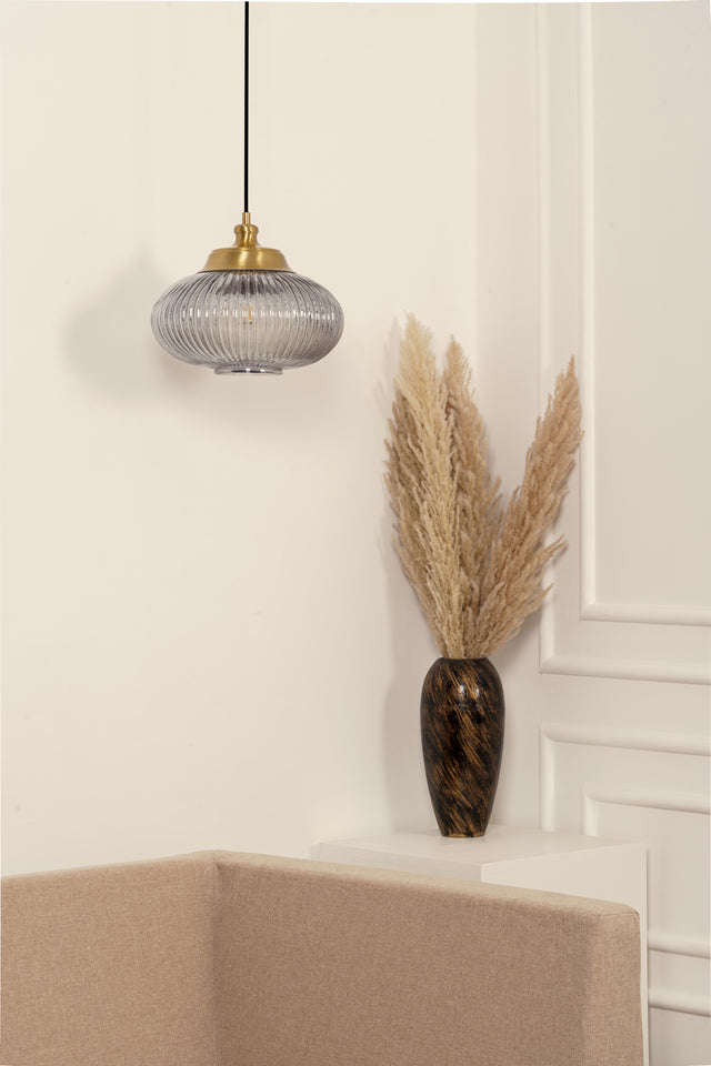 Divine Trends Pendant Hanging Glass Lamps Melon Ribbed Grey Luster with Antique Brass Finish- Pack of 1