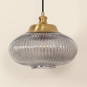 Divine Trends Pendant Hanging Glass Lamps Melon Ribbed Grey Luster with Antique Brass Finish- Pack of 1
