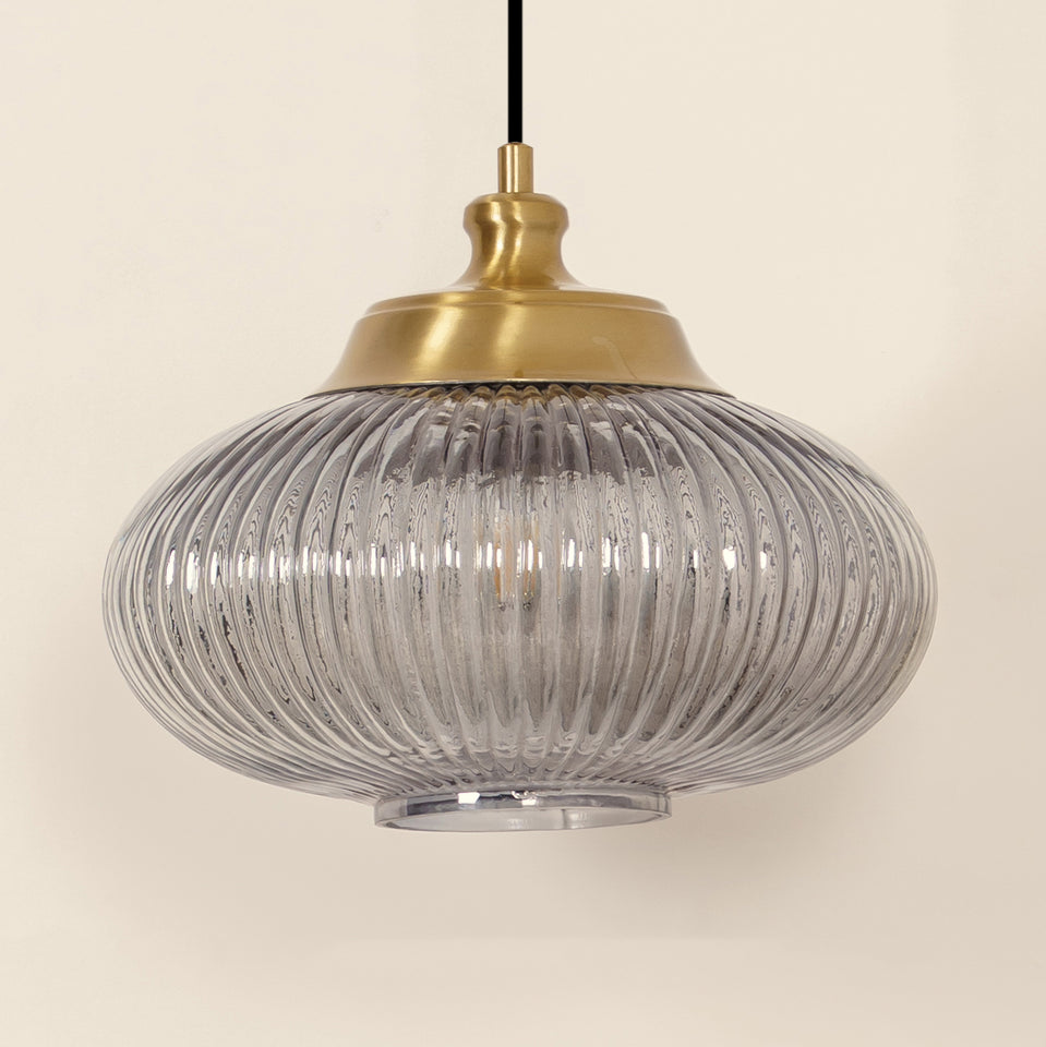 Divine Trends Pendant Hanging Glass Lamps Melon Ribbed Grey Luster with Antique Brass Finish- Pack of 1