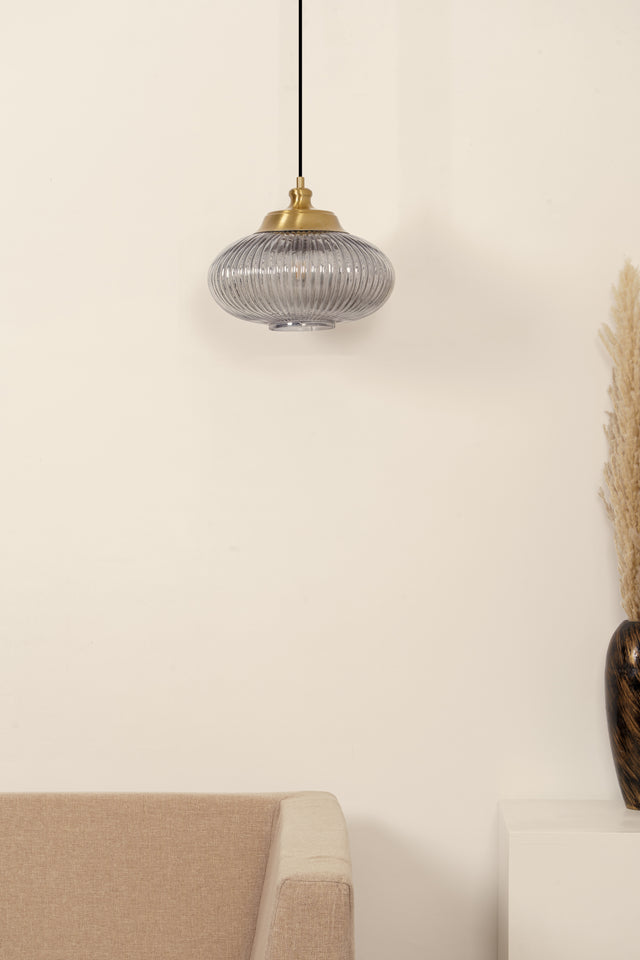 Divine Trends Pendant Hanging Glass Lamps Melon Ribbed Grey Luster with Antique Brass Finish- Pack of 1