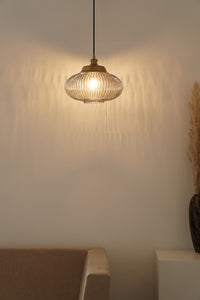 Divine Trends Pendant Hanging Glass Lamps Melon Ribbed Grey Luster with Antique Brass Finish- Pack of 1