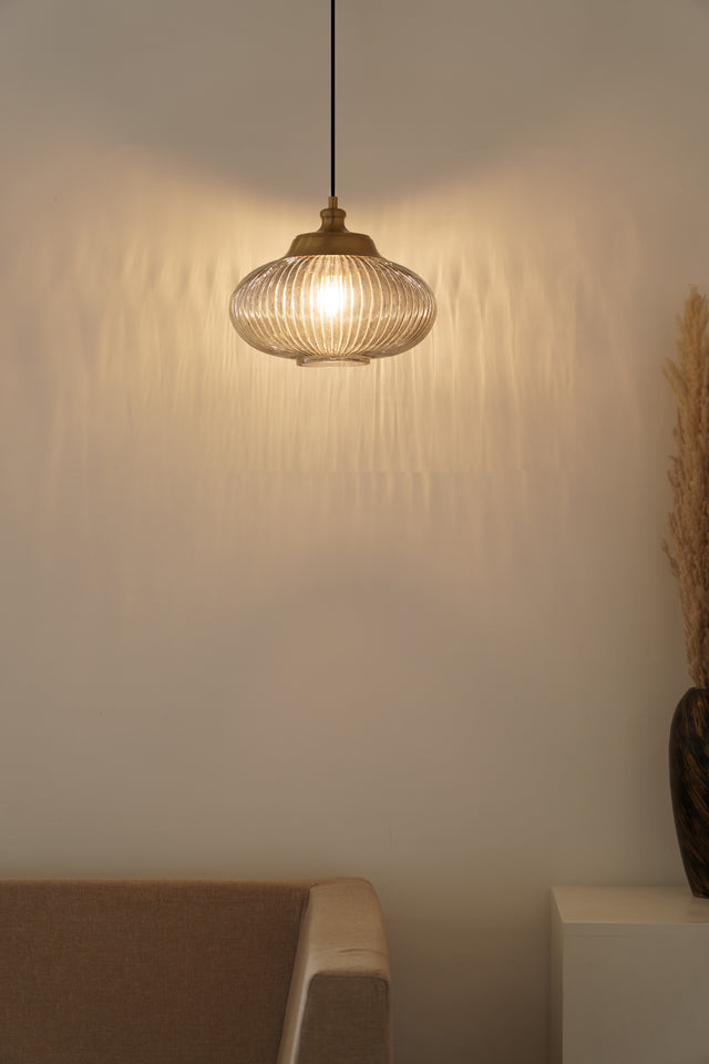 Divine Trends Pendant Hanging Glass Lamps Melon Ribbed Grey Luster with Antique Brass Finish- Pack of 1