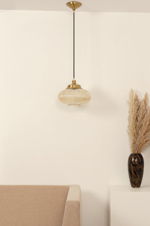 Divine Trends Pendant Hanging Glass Lamps Melon Ribbed Golden Luster with Antique Brass Finish- Pack of 1