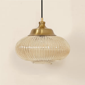 Divine Trends Pendant Hanging Glass Lamps Melon Ribbed Golden Luster with Antique Brass Finish- Pack of 1