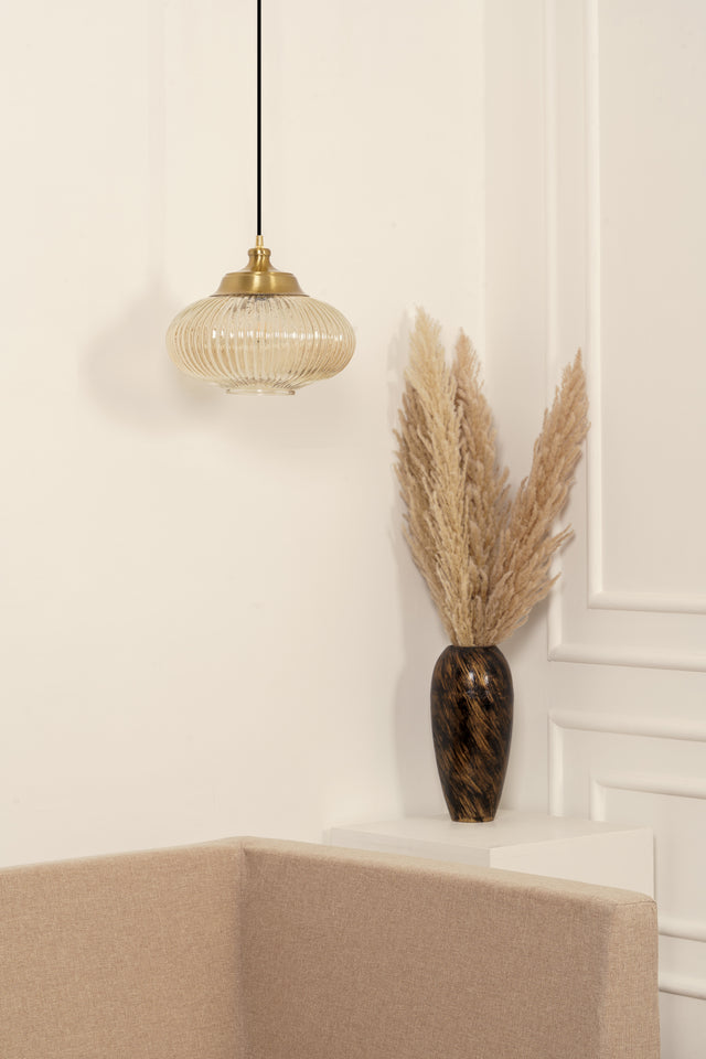 Divine Trends Pendant Hanging Glass Lamps Melon Ribbed Golden Luster with Antique Brass Finish- Pack of 1