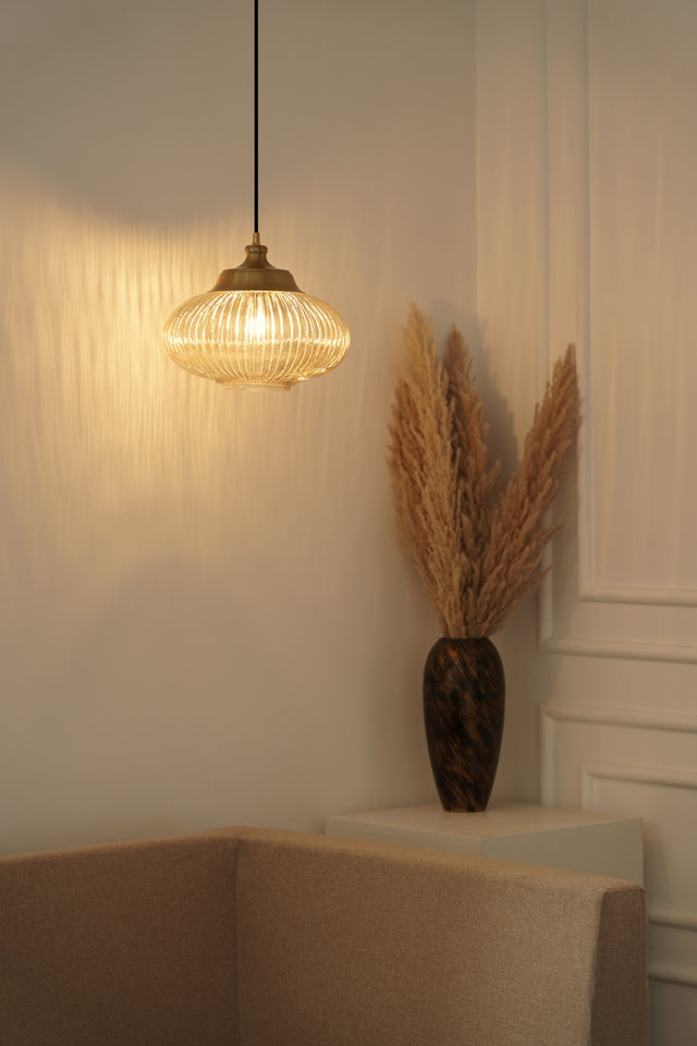 Divine Trends Pendant Hanging Glass Lamps Melon Ribbed Golden Luster with Antique Brass Finish- Pack of 1