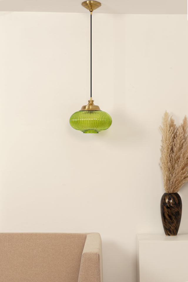 Divine Trends Pendant Hanging Glass Lamps Melon Ribbed Green Painted with Antique Brass Finish- Pack of 1