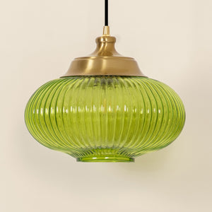 Divine Trends Pendant Hanging Glass Lamps Melon Ribbed Green Painted with Antique Brass Finish- Pack of 1