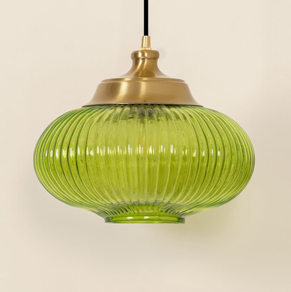 Divine Trends Pendant Hanging Glass Lamps Melon Ribbed Green Painted with Antique Brass Finish- Pack of 1