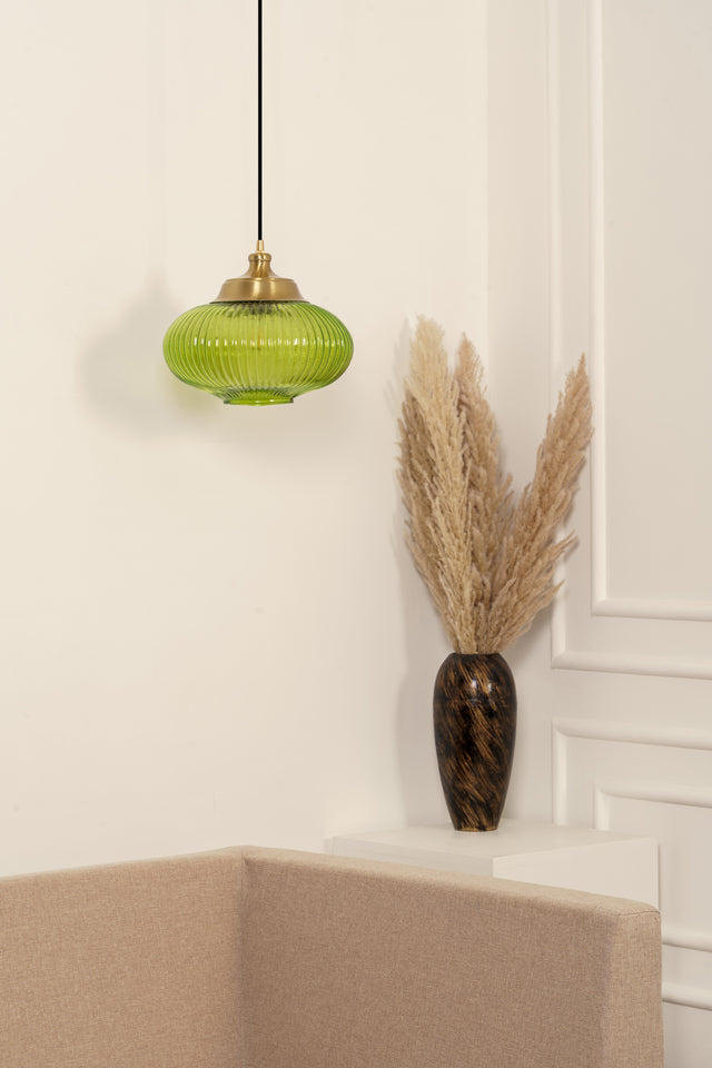 Divine Trends Pendant Hanging Glass Lamps Melon Ribbed Green Painted with Antique Brass Finish- Pack of 1