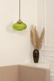 Divine Trends Pendant Hanging Glass Lamps Melon Ribbed Green Painted with Antique Brass Finish- Pack of 1