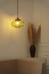 Divine Trends Pendant Hanging Glass Lamps Melon Ribbed Green Painted with Antique Brass Finish- Pack of 1