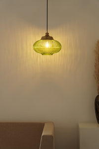 Divine Trends Pendant Hanging Glass Lamps Melon Ribbed Green Painted with Antique Brass Finish- Pack of 1