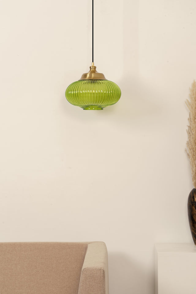 Divine Trends Pendant Hanging Glass Lamps Melon Ribbed Green Painted with Antique Brass Finish- Pack of 1