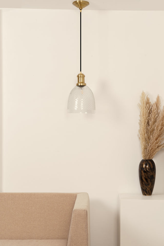 Divine Trends Diamond Cut Transparent Glass Pendant Light with Antique Brass Finish- Pack of 1