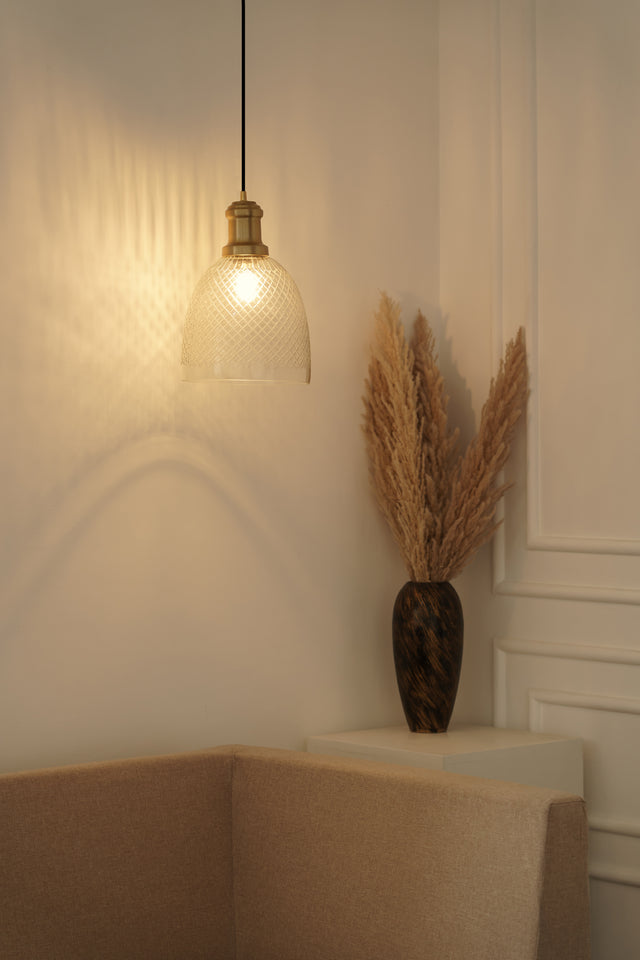 Divine Trends Diamond Cut Transparent Glass Pendant Light with Antique Brass Finish- Pack of 1