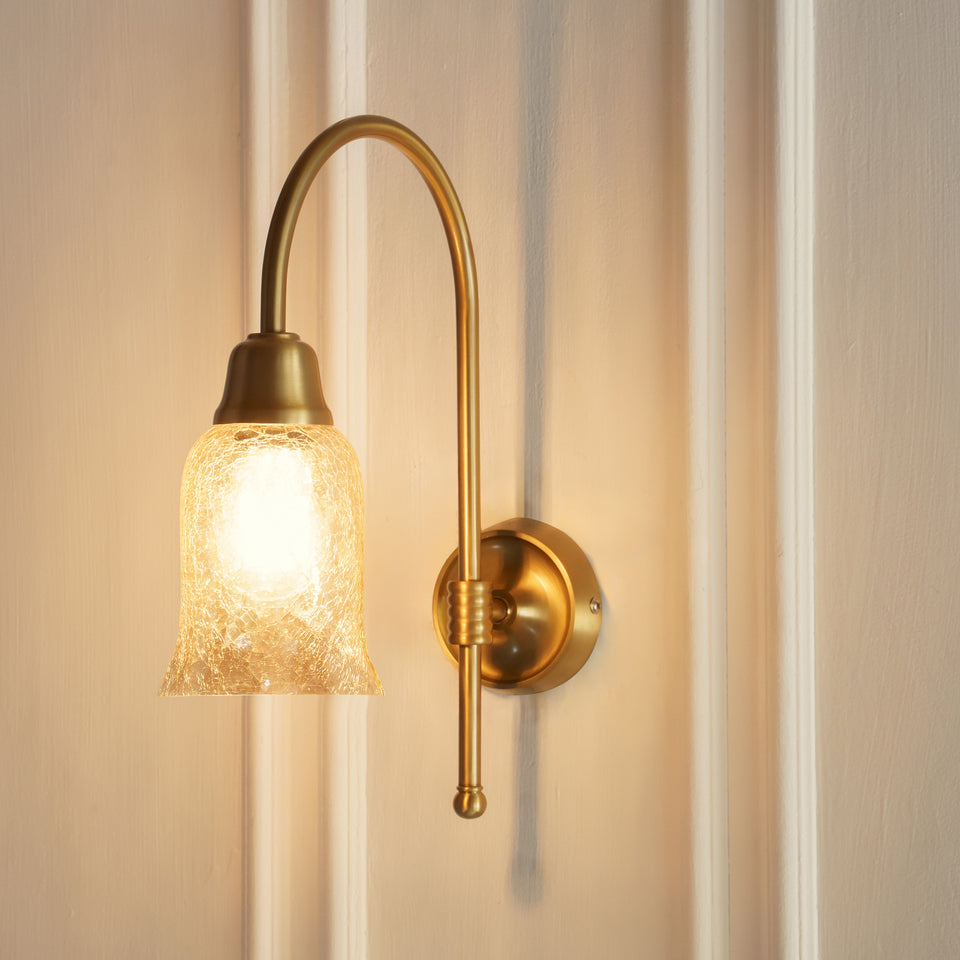 Divine Trends Brass Antique Finish Hockey Wall Lamp with Chimney Crackled Glass Shade- Reversable Design