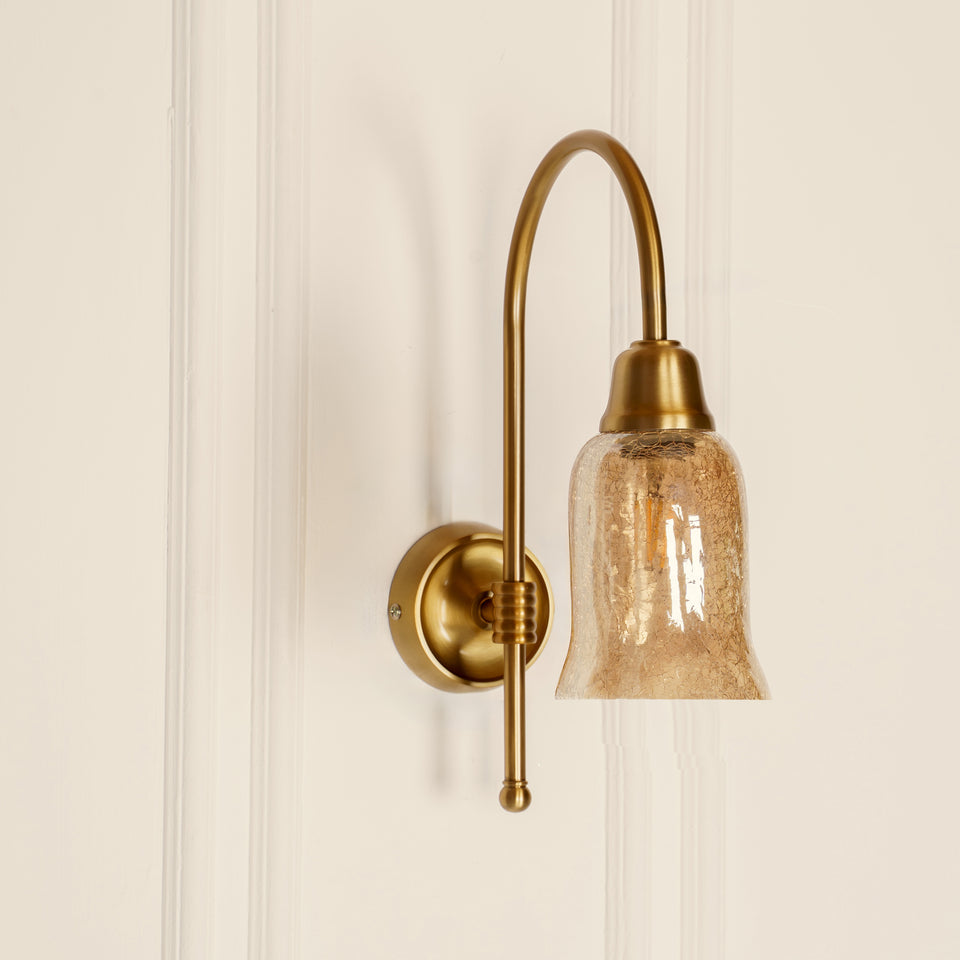 Divine Trends Brass Antique Finish Hockey Wall Lamp with Chimney Crackled Glass Shade- Reversable Design
