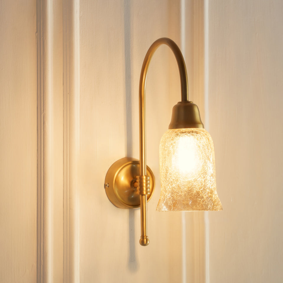 Divine Trends Brass Antique Finish Hockey Wall Lamp with Chimney Crackled Glass Shade- Reversable Design